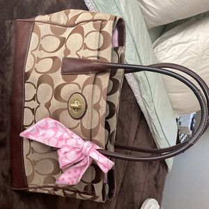 COACH Signature C Brown Canvas With Leather Tote Handbag Purse With Pink Scarf